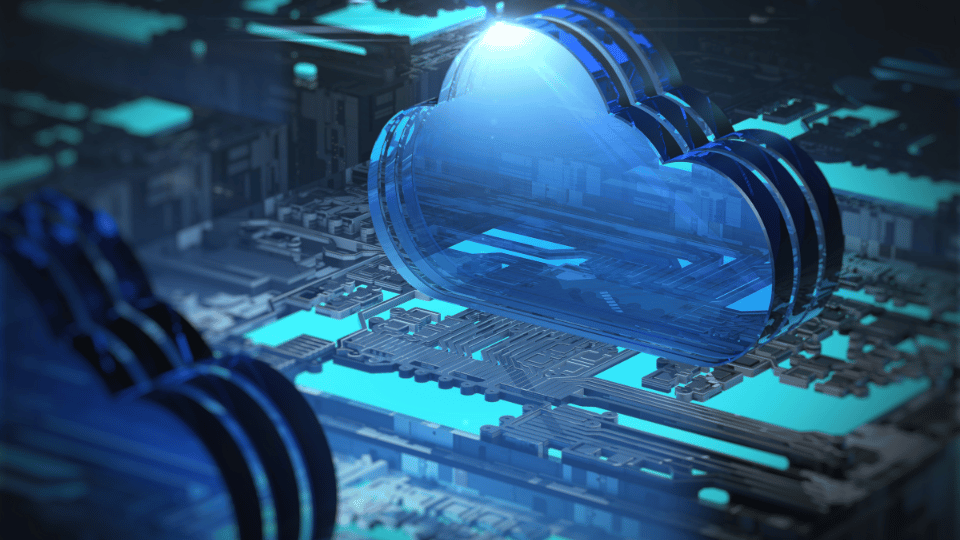 Blue translucent cloud icon hovering above a server motherboard, symbolizing cloud computing and data storage.