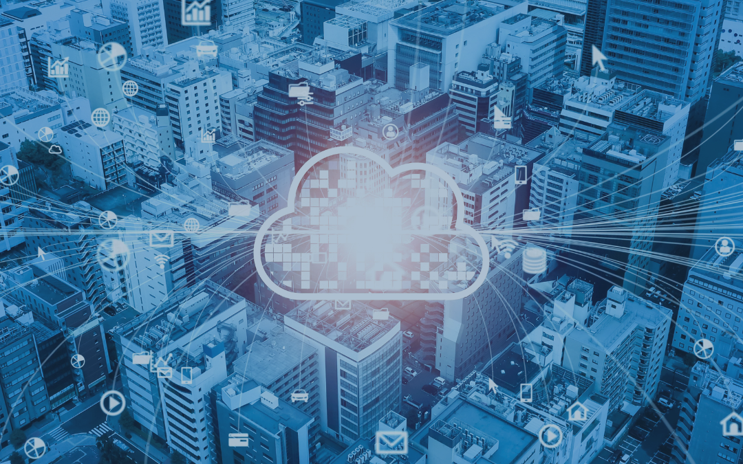 Cityscape overlaid with a glowing cloud icon and network lines, representing cloud computing and connectivity.